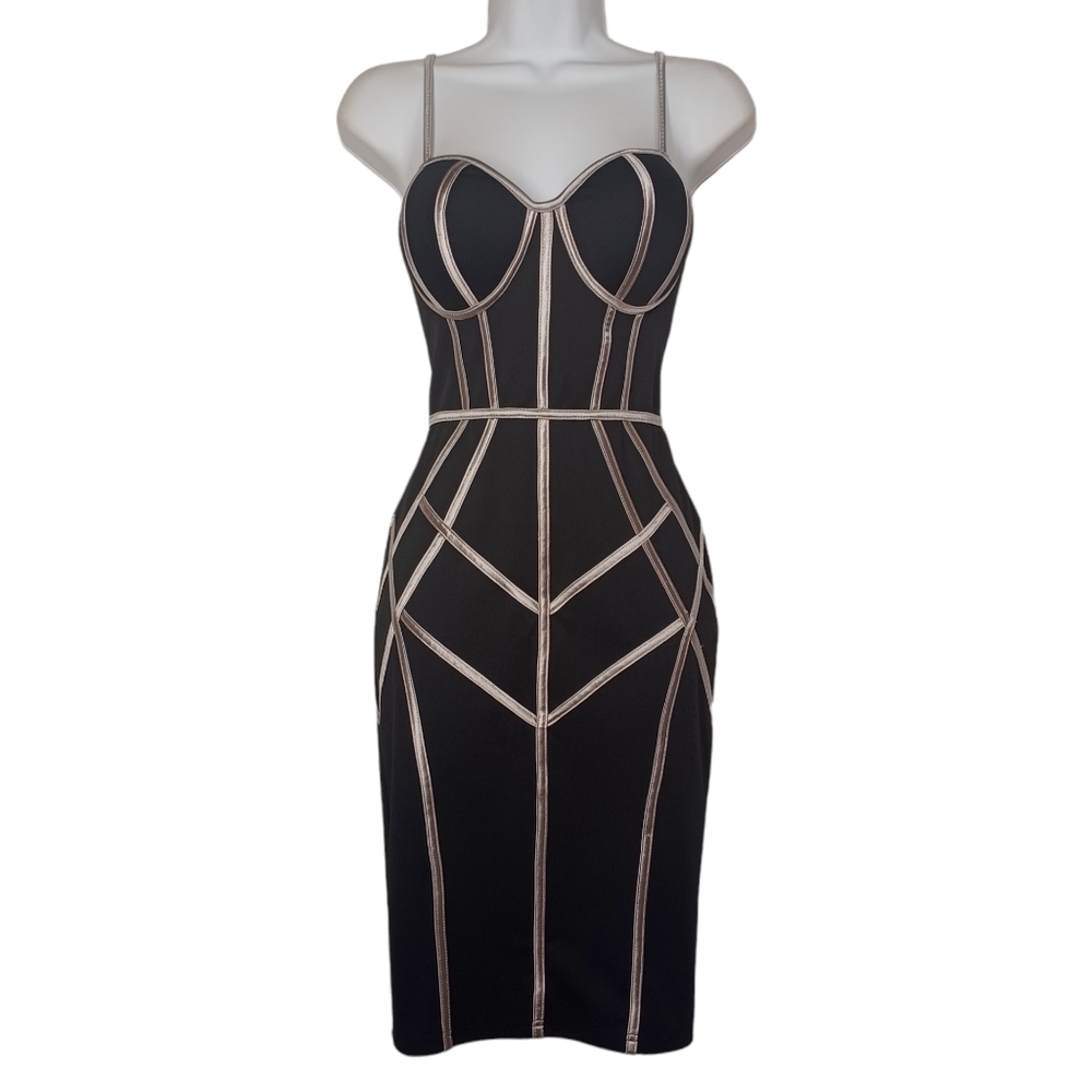 OBSESSION Gunmetal Gray Print Black Bodycon Midi Cocktail Party Dress Small